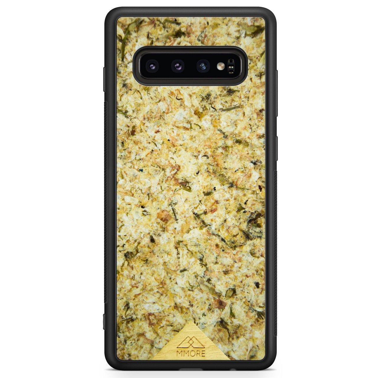 Eco-friendly handmade phone case with organic jasmine flower petals embedded, black durable frame, fits Samsung Galaxy S10.