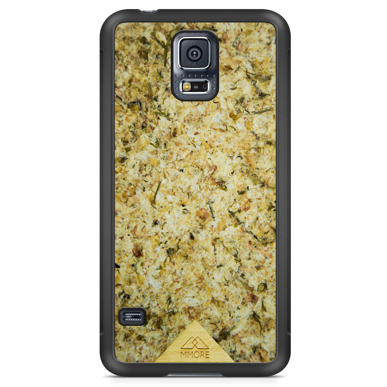 Eco-friendly handmade organic phone case with natural textured beige surface and black border, compatible with Samsung.
