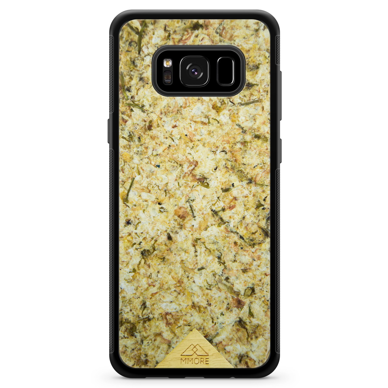 Handmade organic phone case with jasmine petals embedded in biodegradable resin, black edge frame, fits Samsung Galaxy S8.