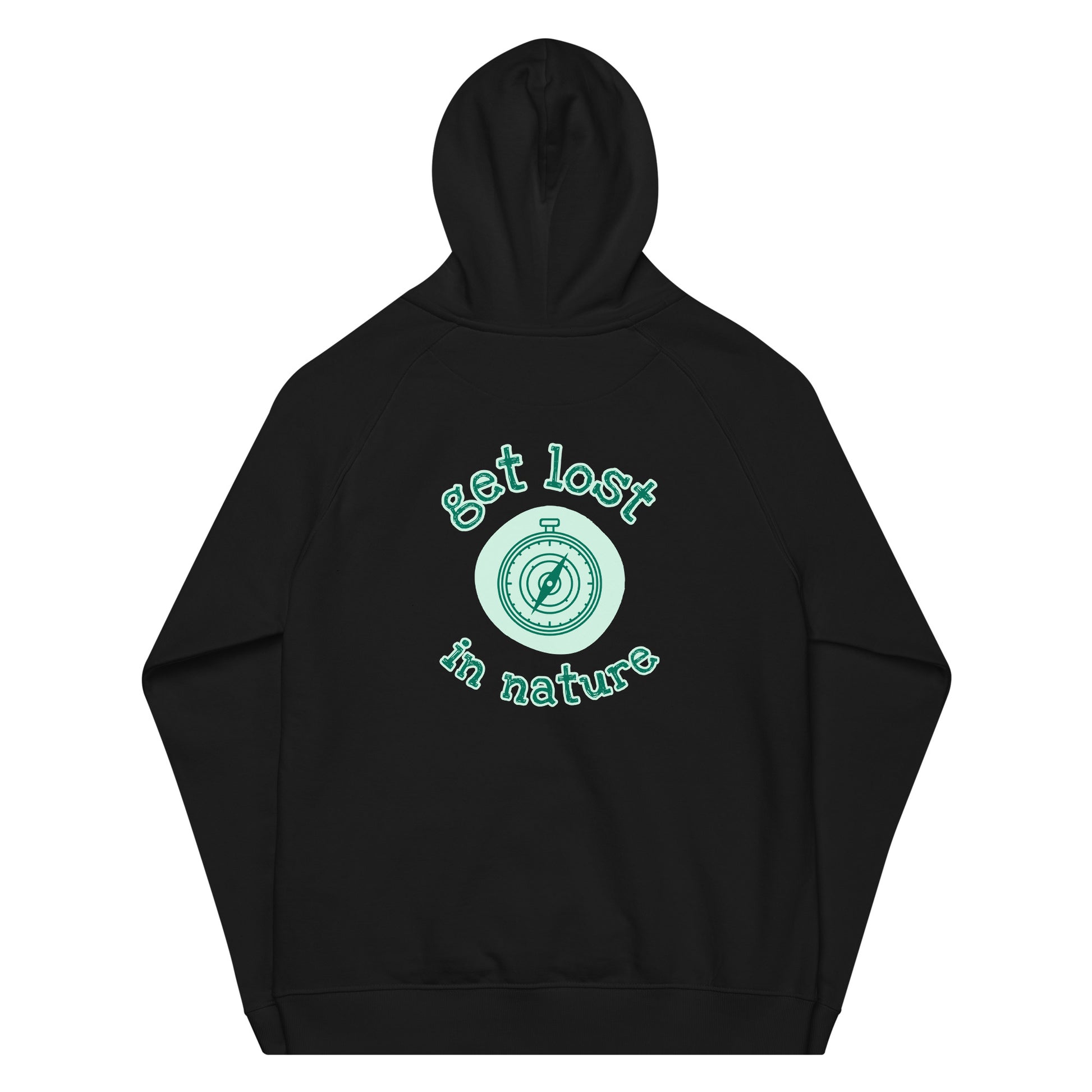 Premium organic hoodie black back lifestyle get lost compass design sustainable fashion
