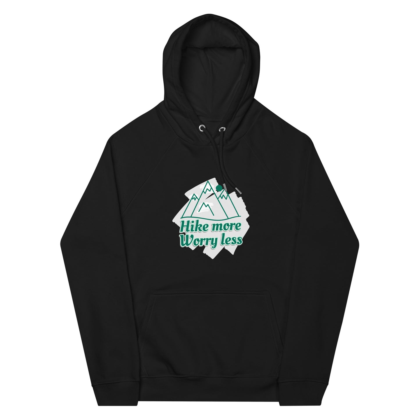 Premium organic hoodie black lifestyle shot hike more design man wearing raglan sleeves
