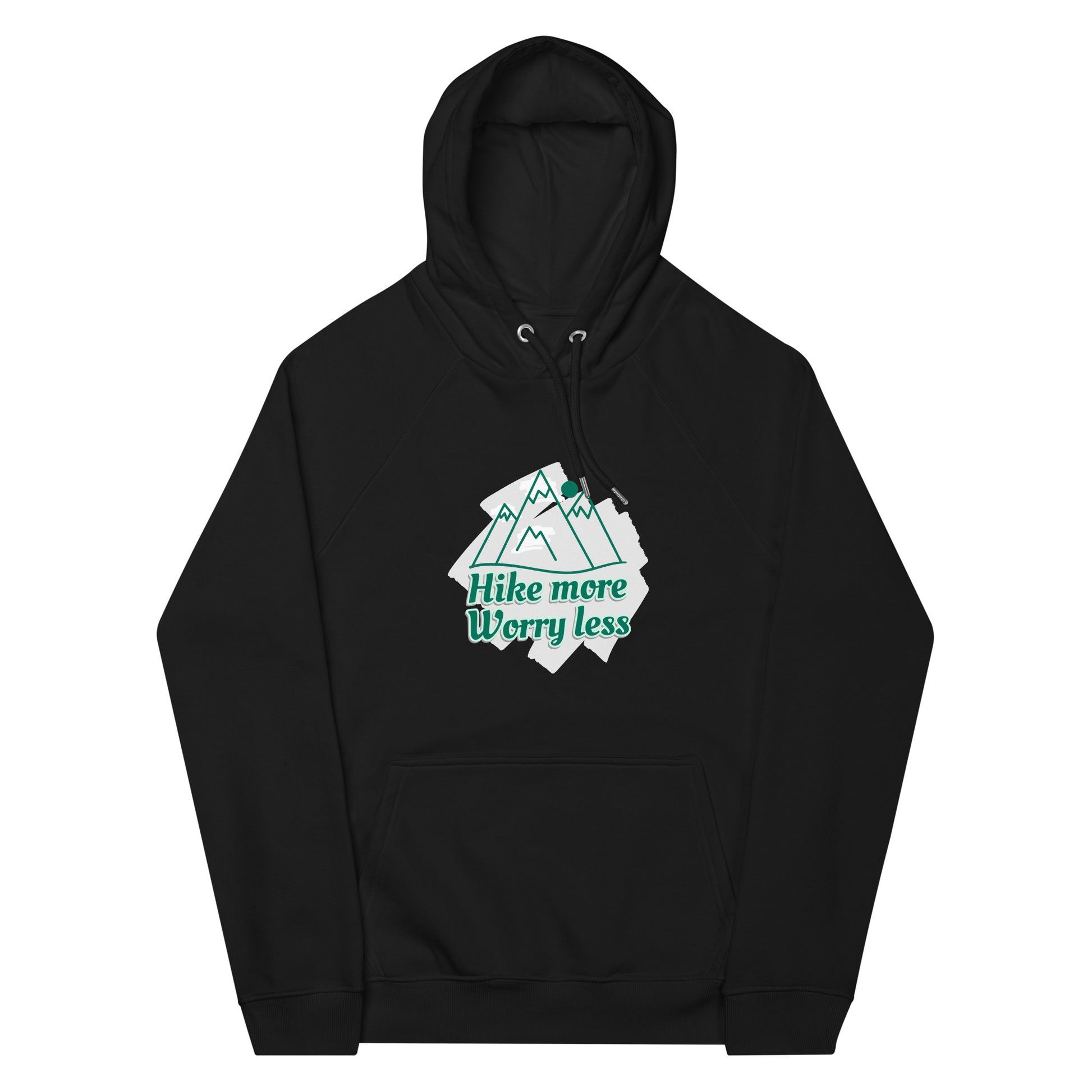 Premium organic hoodie black lifestyle shot hike more design man wearing raglan sleeves
