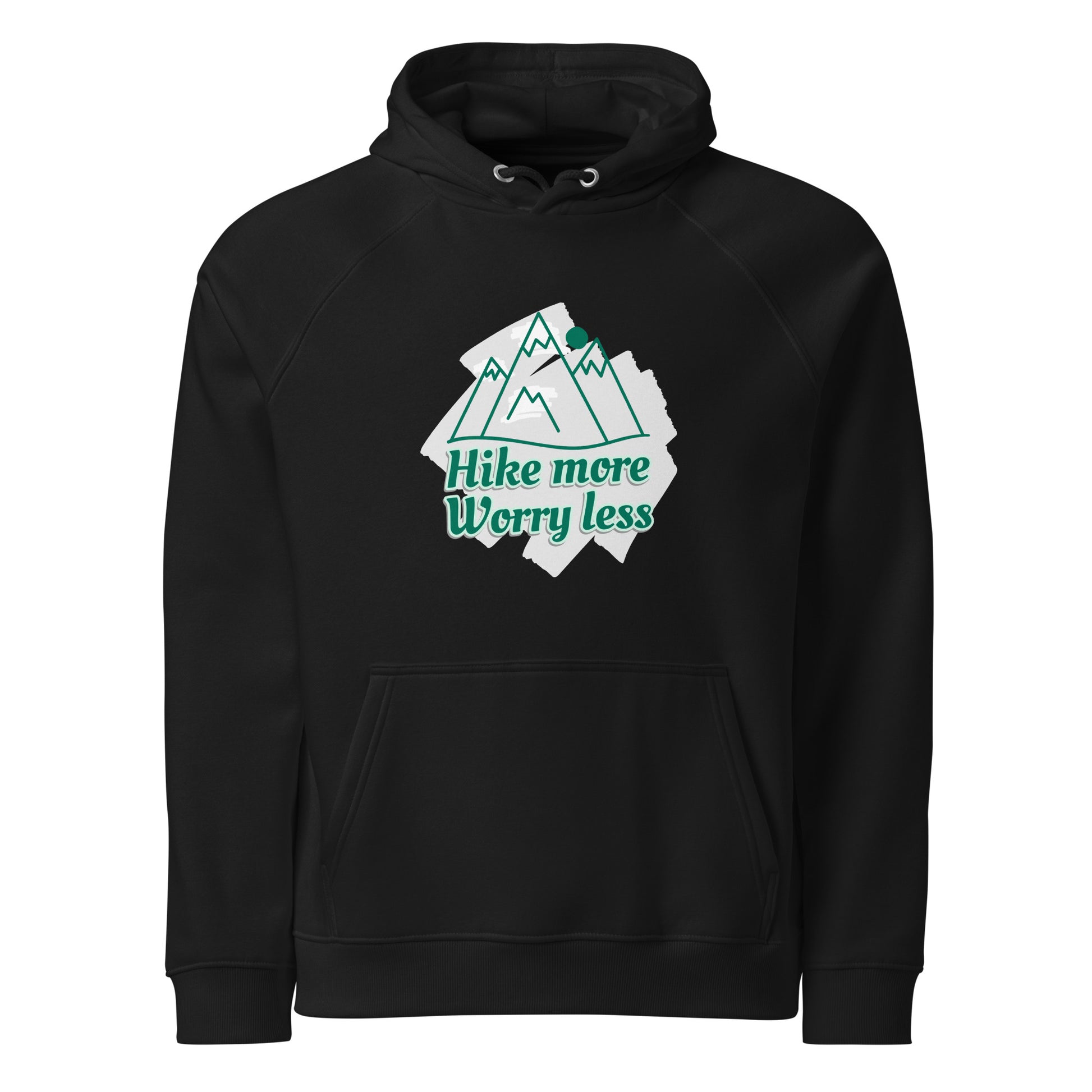 Hike more worry less premium organic hoodie black front mountain design raglan sleeves
