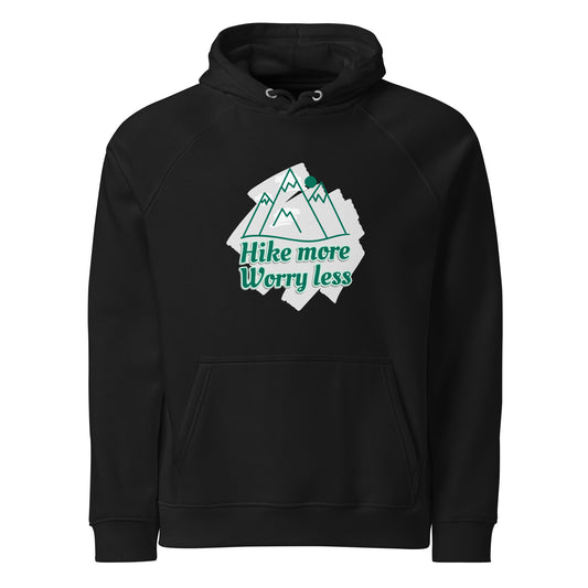 Hike more worry less premium organic hoodie black front mountain design raglan sleeves
