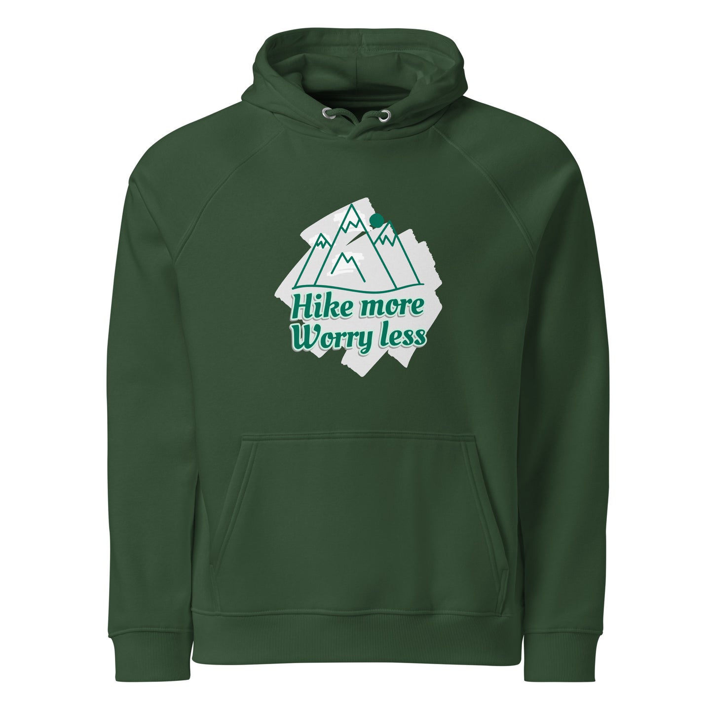 Organic cotton hoodie bottle green front mountain design outdoor adventure wear
