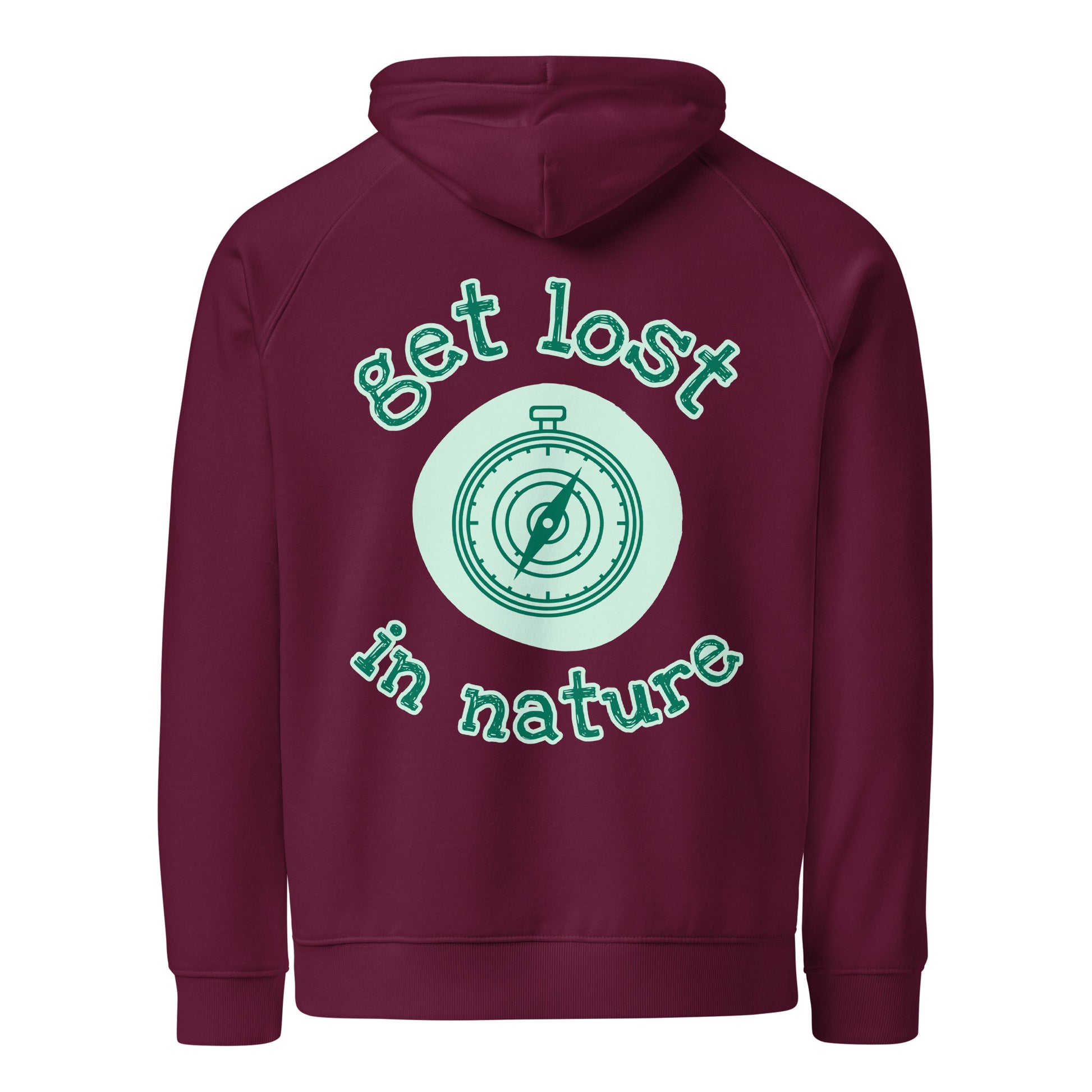 Organic cotton hoodie burgundy back get lost compass sustainable fashion raglan
