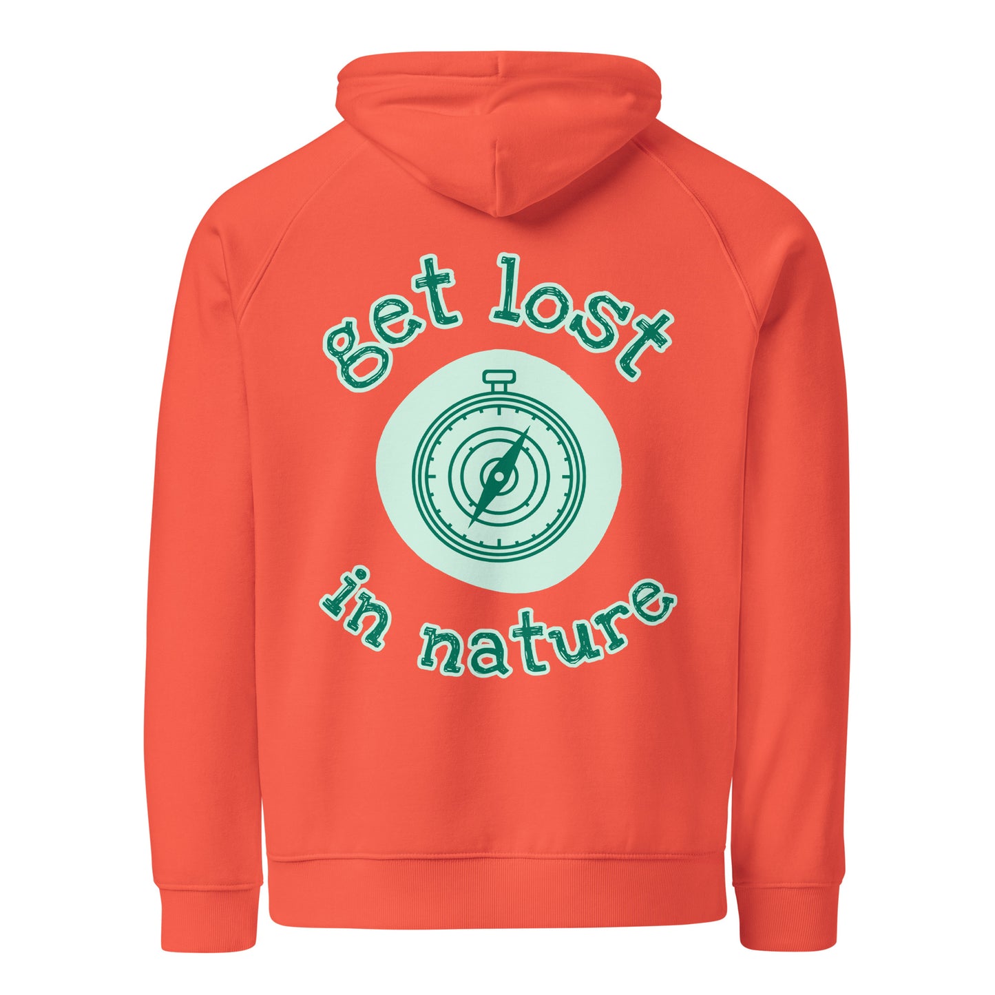 Sustainable hoodie burnt orange back compass design eco-friendly outdoor wear
