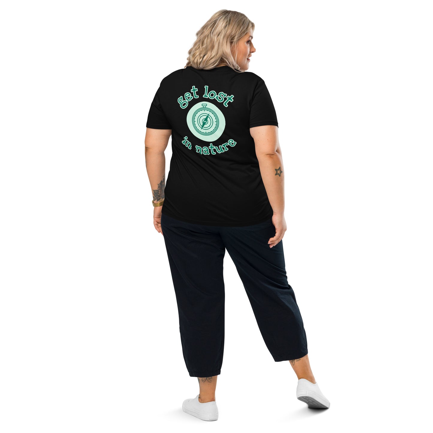 Black eco t-shirt back view woman compass design sustainable fashion
