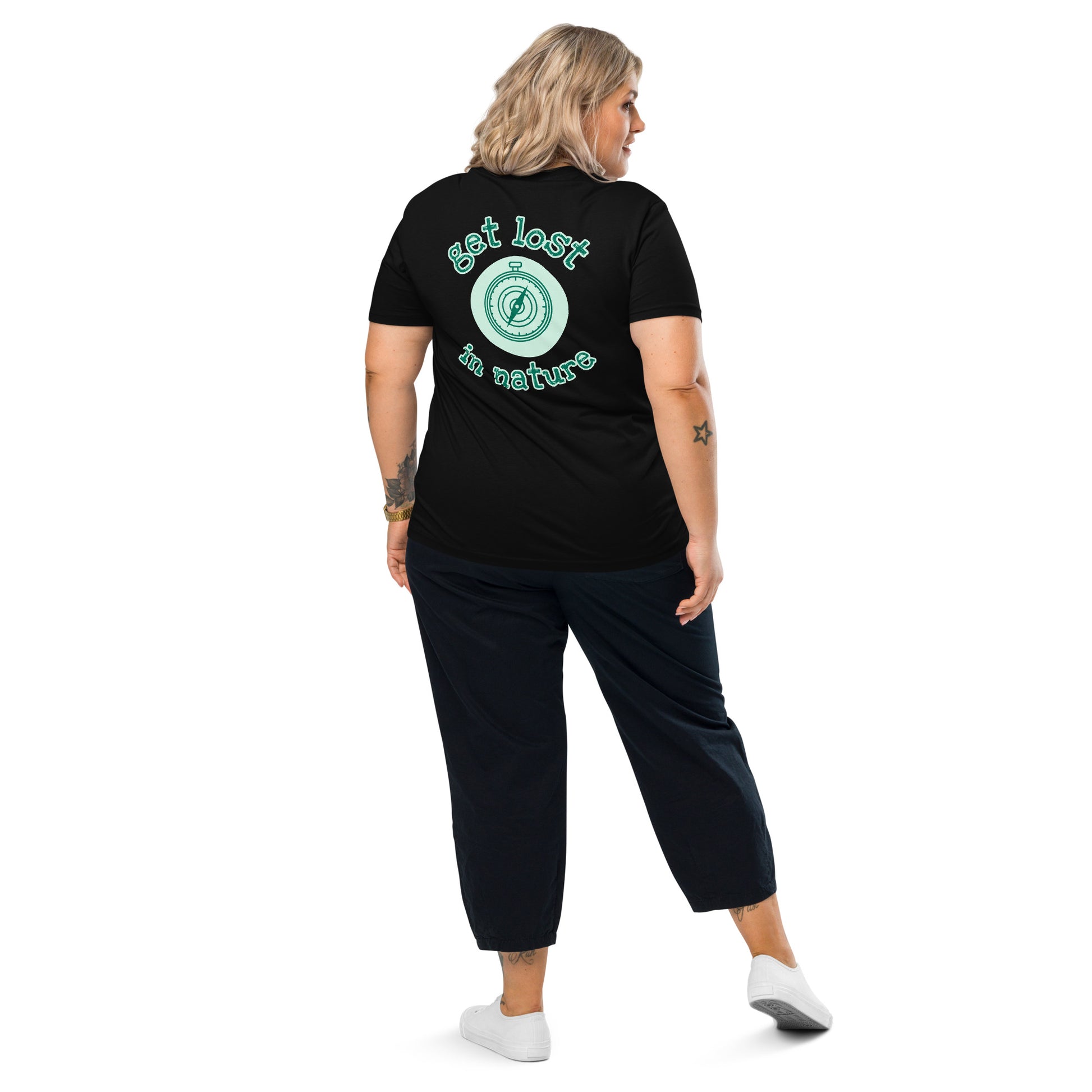 Black eco t-shirt back view woman compass design sustainable fashion
