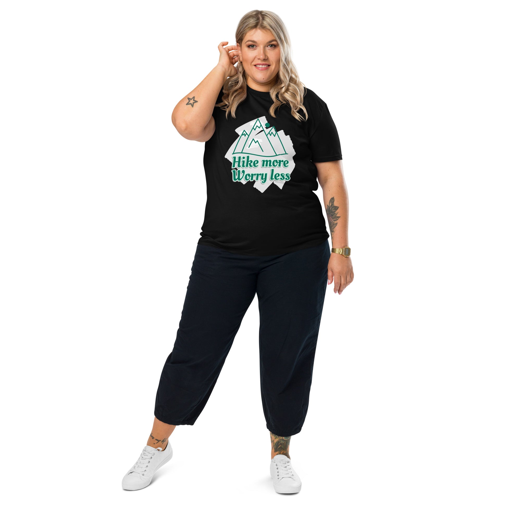 Organic cotton tee black front woman wearing hike more design unisex fit

