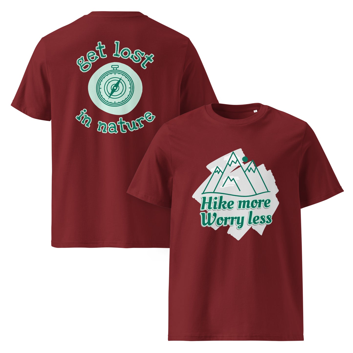 Organic cotton tee burgundy front and back outdoor adventure design eco-friendly
