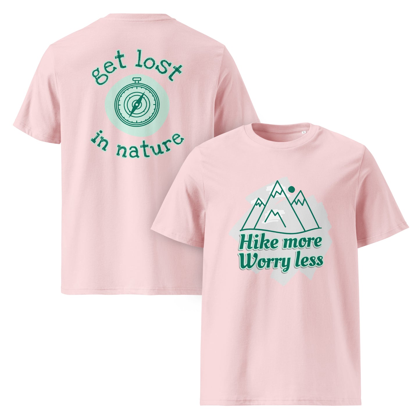 Eco-friendly hiking tee pink front and back mountain compass sustainable fashion
