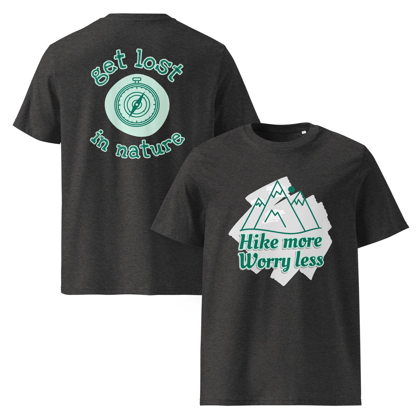 Sustainable t-shirt dark grey front and back hike more get lost nature design
