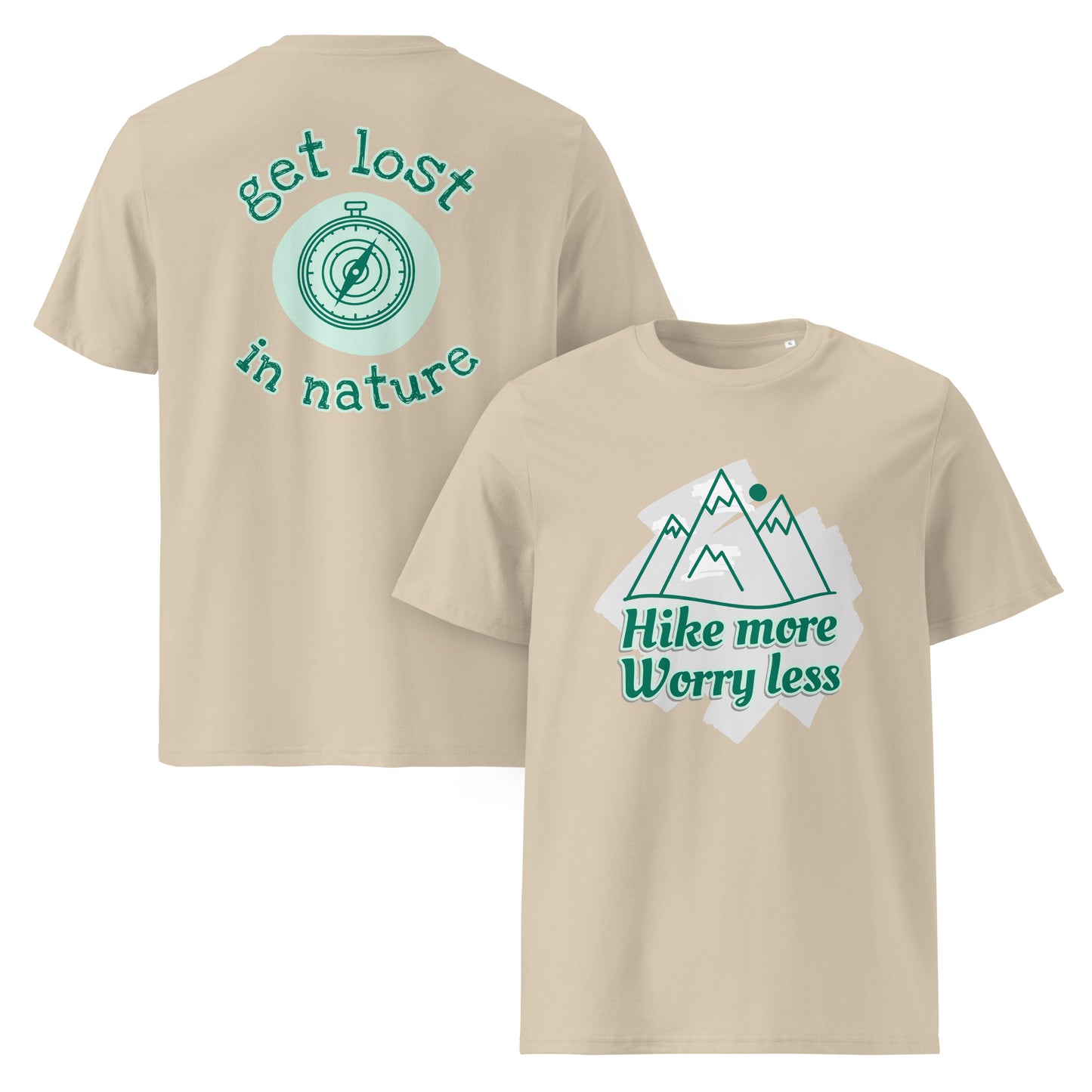 Sustainable t-shirt desert dust beige front and back outdoor adventure organic cotton
