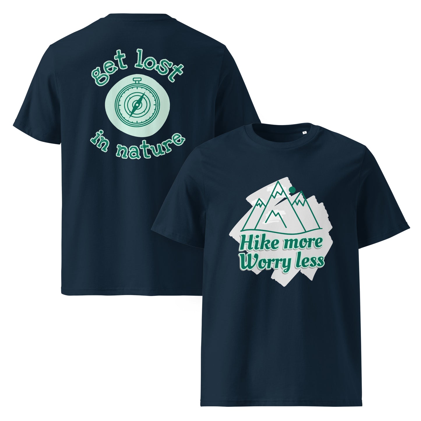 Organic hiking t-shirt navy blue front and back mountain compass design
