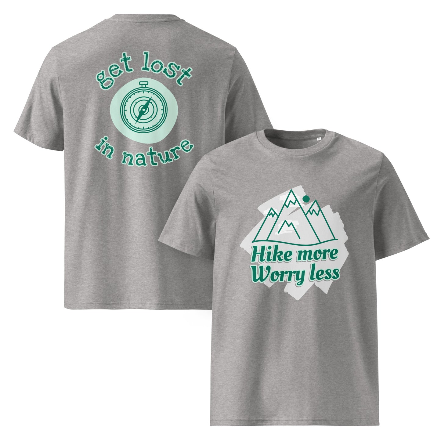 Organic cotton tee heather grey front and back nature lover hiking apparel
