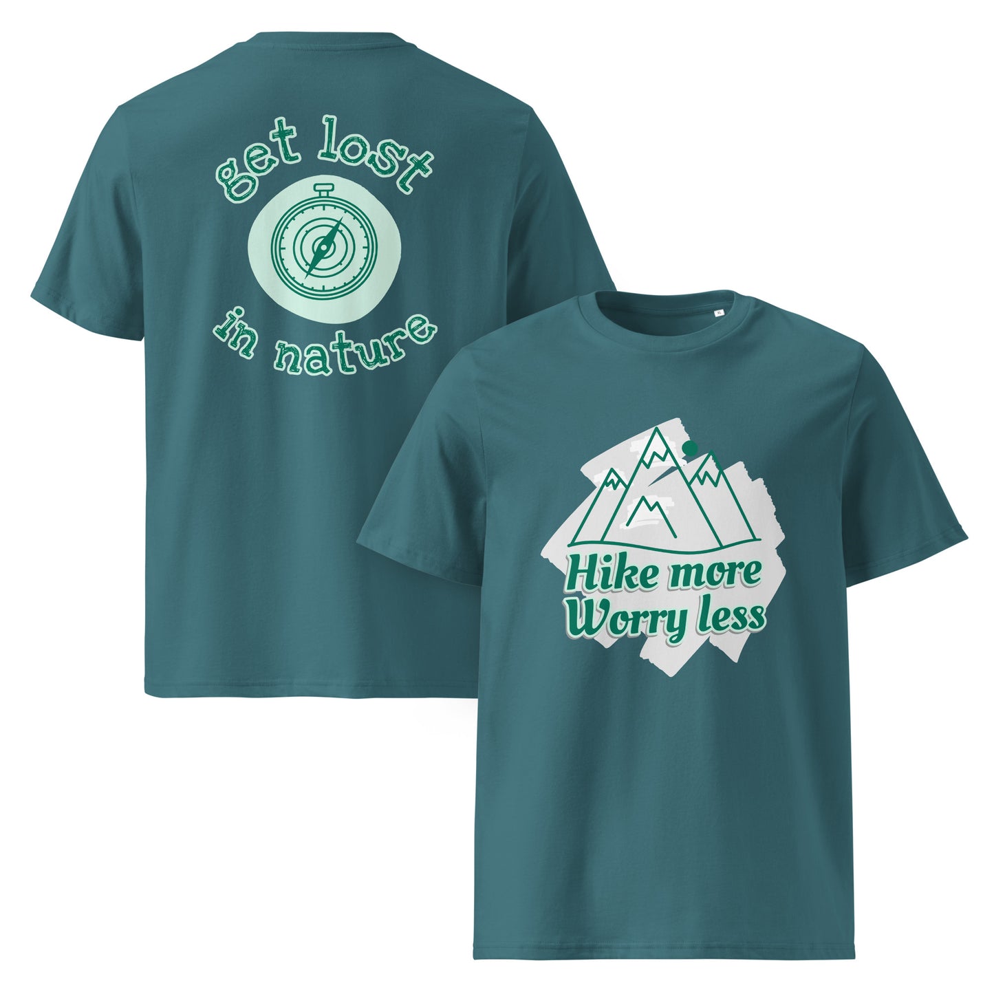 Sustainable hiking tee purple stargazer front and back mountain compass design
